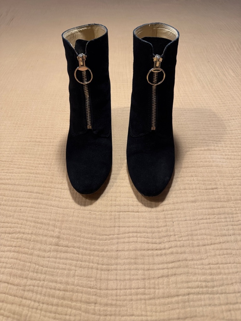 Katy Perry Collection Justine Black Suede Ankle Boot Heel with O-ring Zip Pull